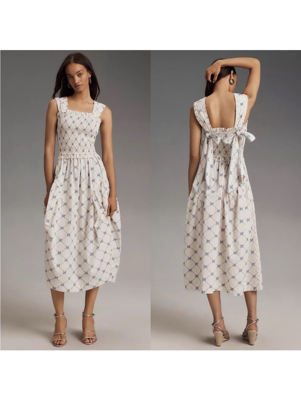 Anthropologie x Damson Madder Violet Smocked Midi Dress Bow Print size UK10 US6